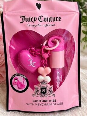 Juicy Couture Couture Kiss Lip Oil Gloss Keychain Heart Charm Set Pink Kawaii